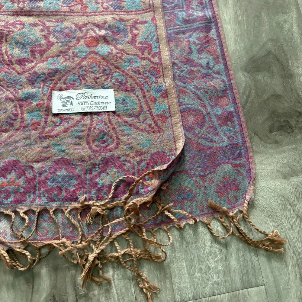 SAM WELL Pashmina Scarf‎ 100% Cashmere Made in NEPAL Purple Floral 27x70 inch